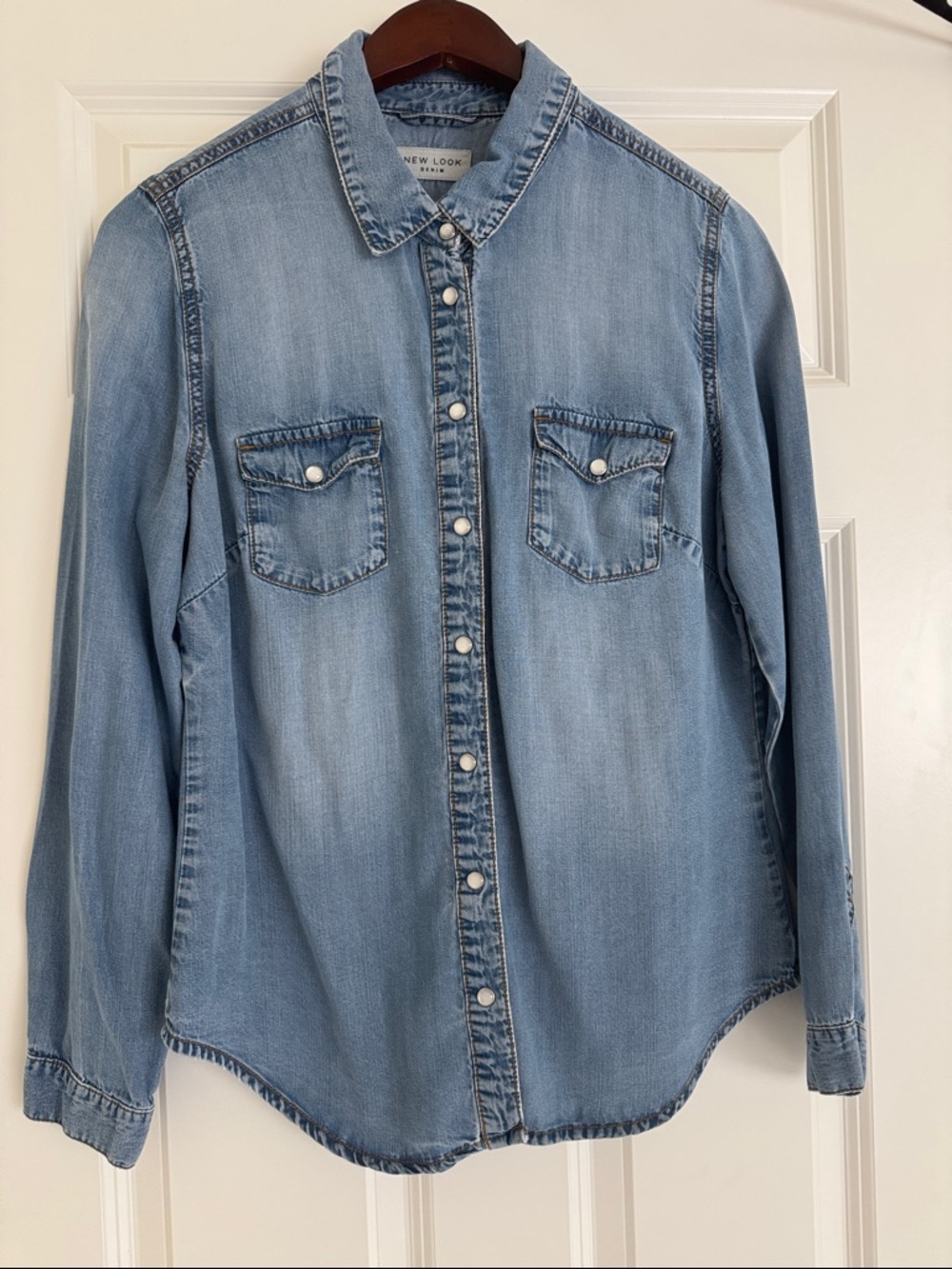 New Look Light Blue Denim Pearl Snap Shirt